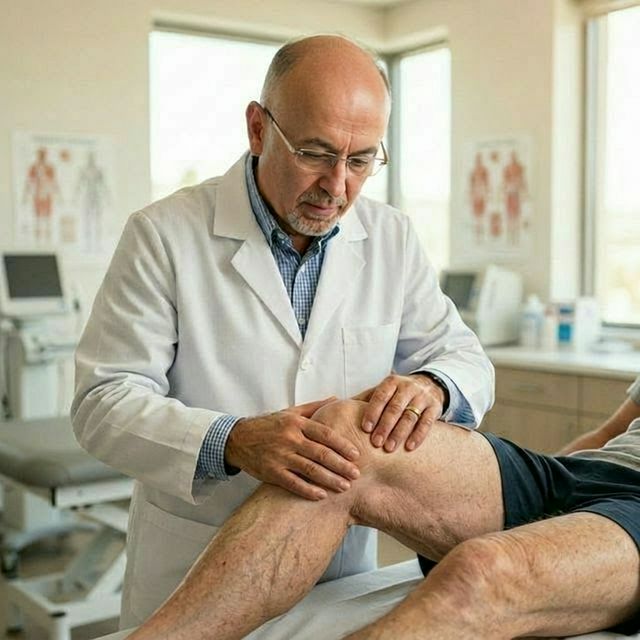 Dr. Fawzy Issa examining a patient's knee in his Kuwait clinic